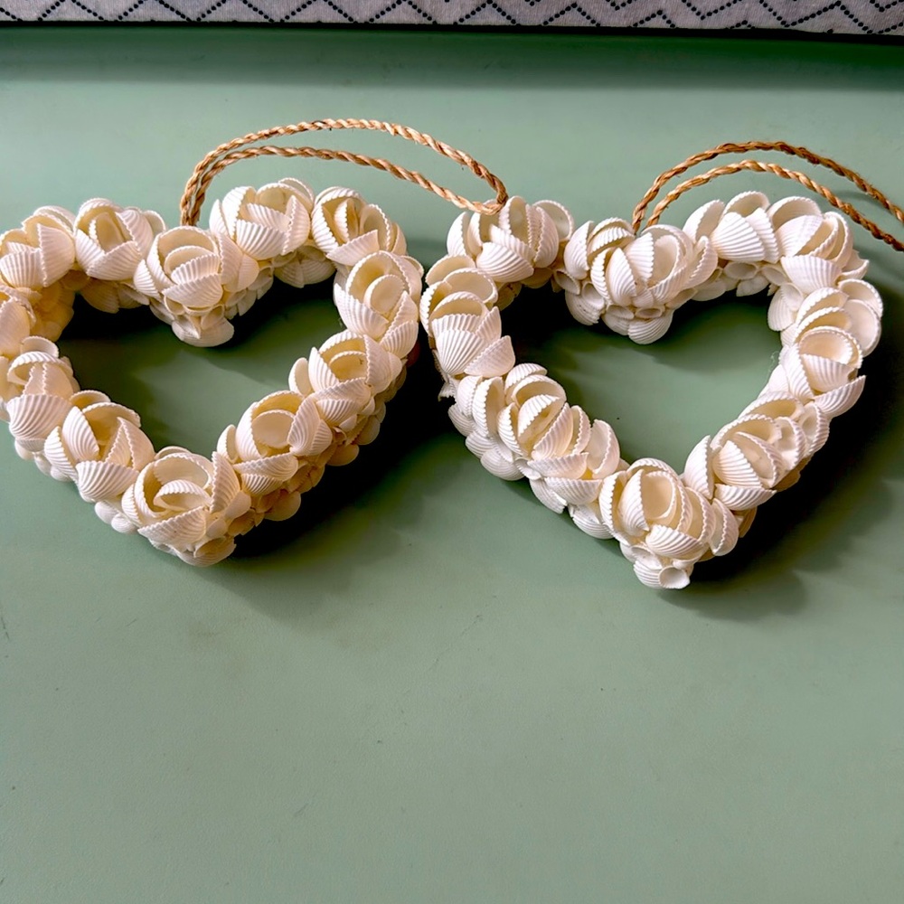 2 Pottery Barn shell heart hanging ornaments - coastal seashore decor!!